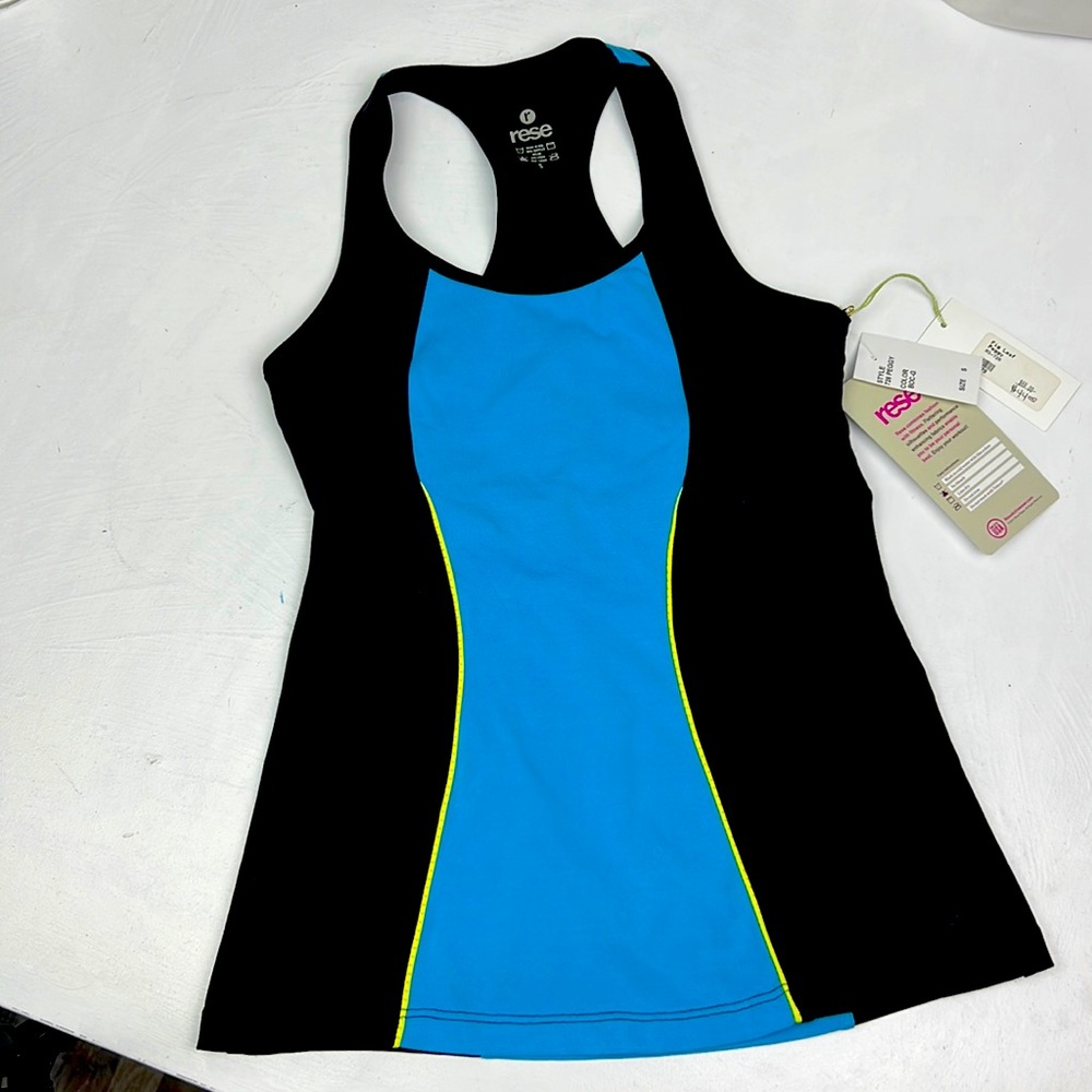Rese 🆕 Barre Yoga Tank Top Fig Leaf Peggy NWT size S black blue w built in bra